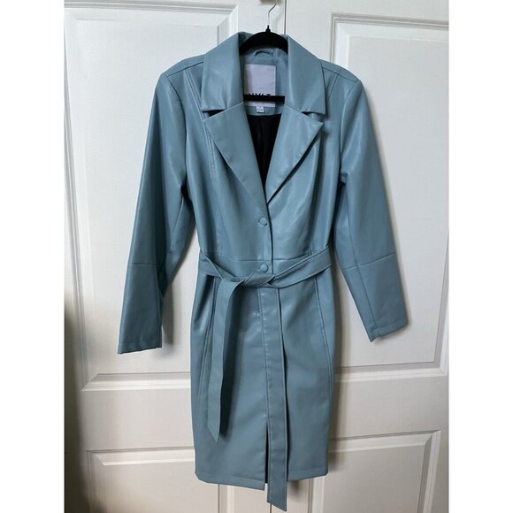 NVLT Vegan Trench Coat Womens L Blue Faux Leather Lined Contemporary - Picture 3 of 12